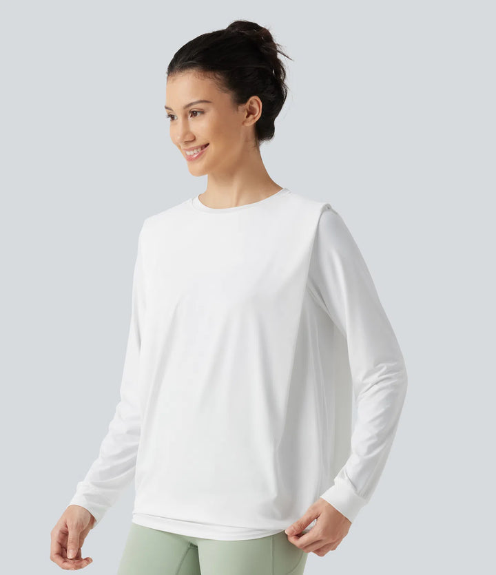 Round Neck Long Sleeve Ruched InstantCool Yoga Sports Top-Longer Length-UPF50+