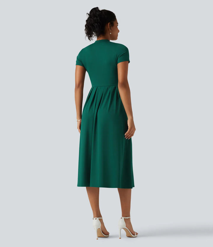 Stand Collar Short Sleeve Flare Midi Casual Dress with Pockets