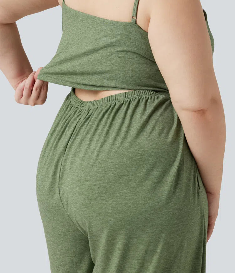 Plus Size Built-in Bra Ruched Wide Leg Heathered Casual Jumpsuit with Pockets-Easy Peezy Edition