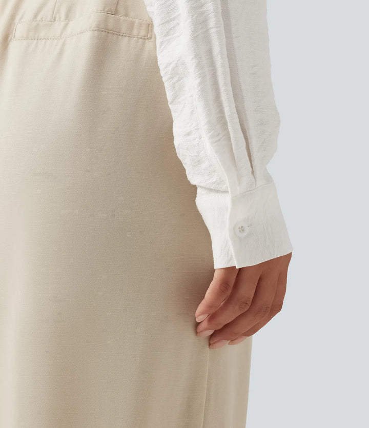 V Neck Contrast Lace Long Sleeve Work Shirt with Pocket