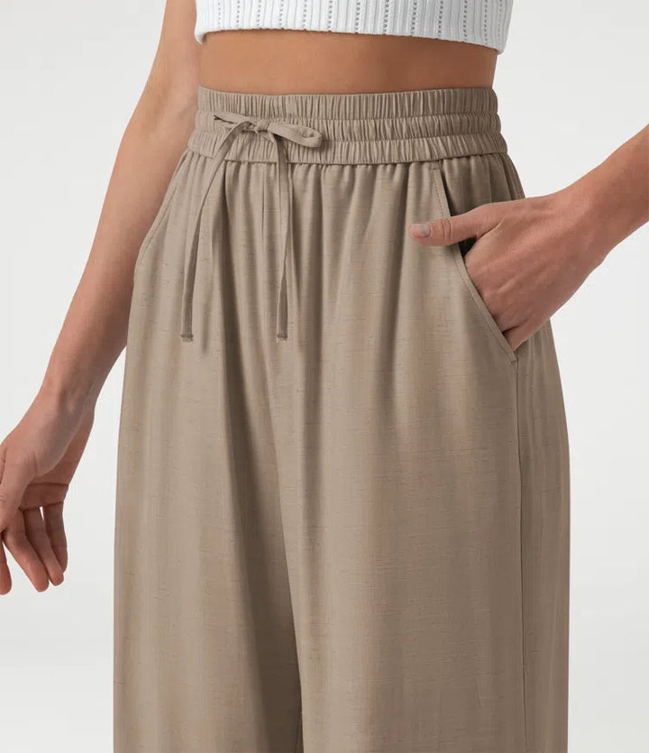 High Waisted Drawstring Wide Leg Casual Linen-Blend Pants with Pockets