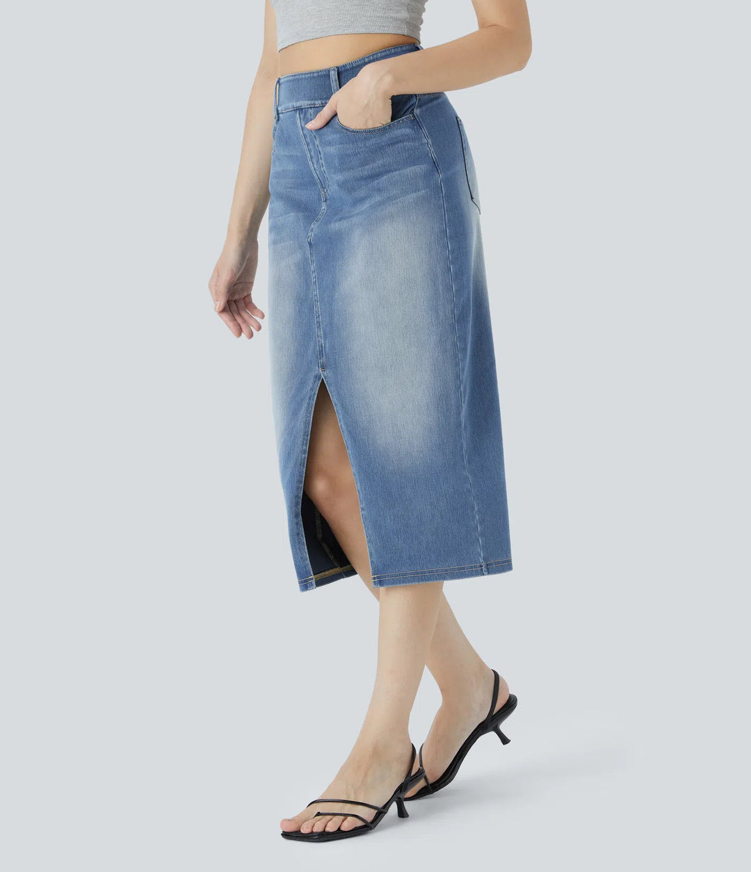 Halara Flex High Waisted Pockets Bodycon Washed Denim Casual Midi Skirt