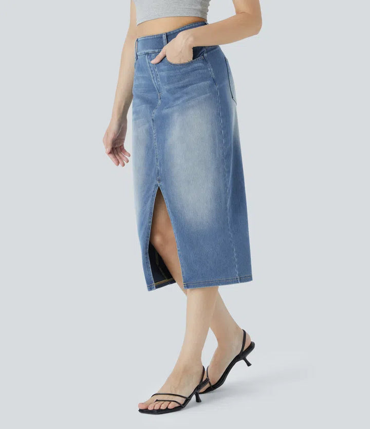 Halara Flex High Waisted Pockets Bodycon Washed Denim Casual Midi Skirt