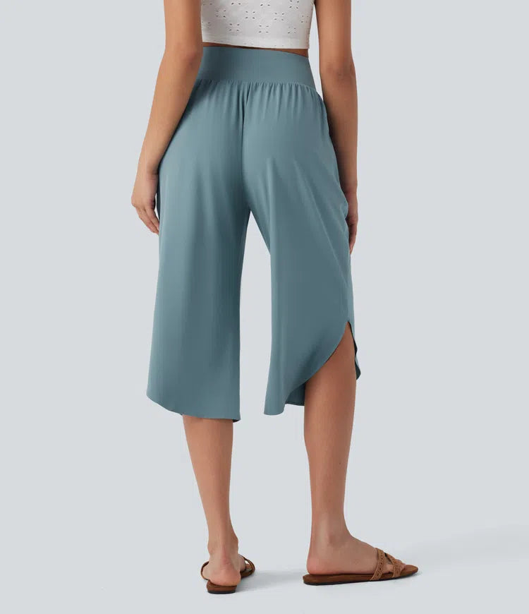 Breezeful High Waisted Tummy Control Hem Quick Dry Capri Pants with Pockets