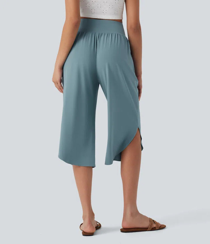 Breezeful High Waisted Tummy Control Hem Quick Dry Capri Pants with Pockets