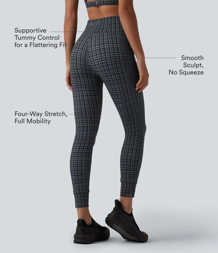 Halara UltraSculpt Check Plaid Print High Waisted Drawstring Yoga Leggings with Pockets