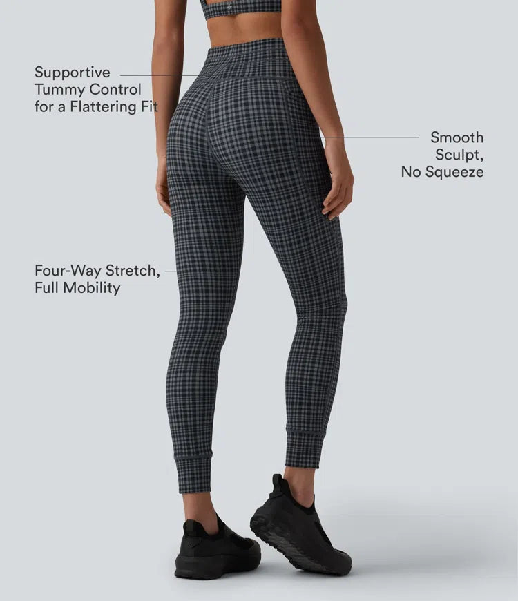 Halara UltraSculpt Check Plaid Print High Waisted Drawstring Yoga Leggings with Pockets