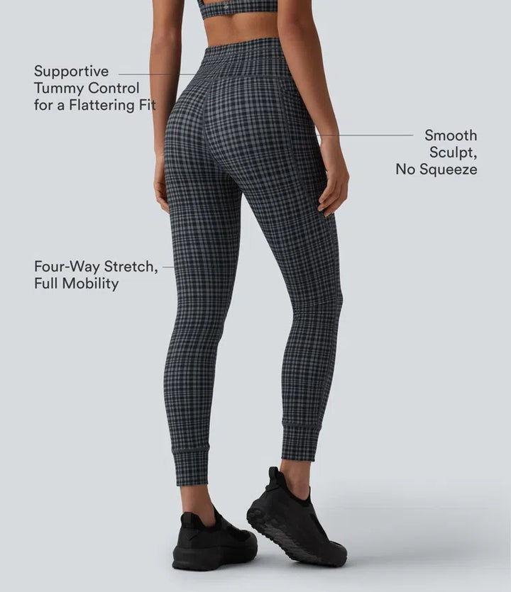 Halara UltraSculpt Check Plaid Print High Waisted Drawstring Yoga Leggings with Pockets