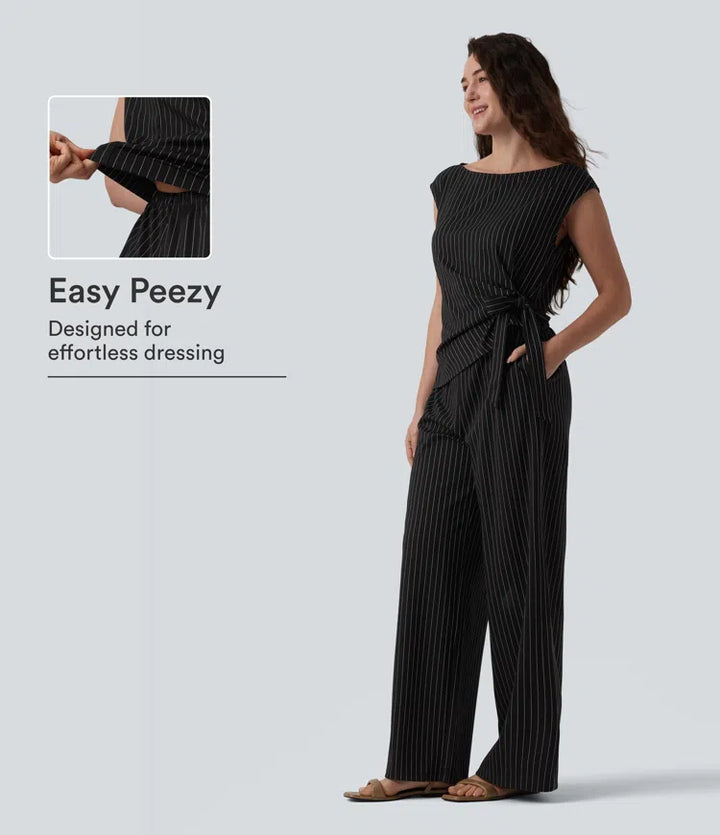 Boat Neck Sleeveless Tie Side Cool Touch Stripe Work Jumpsuit with Pockets-Easy Peezy Edition