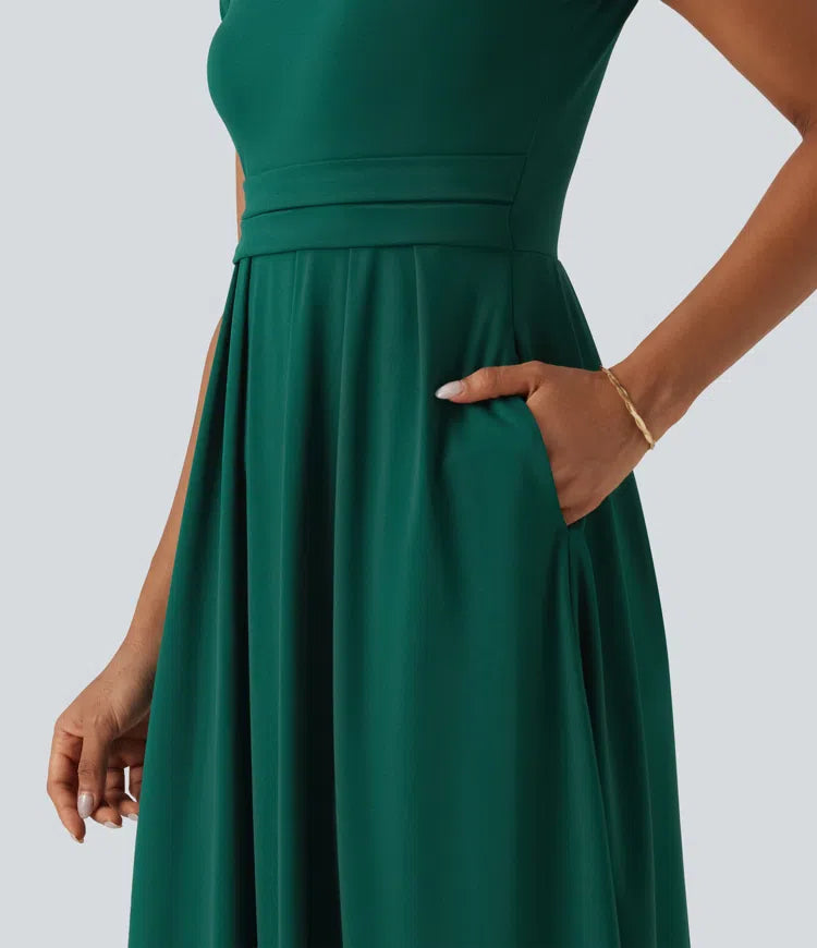 Stand Collar Short Sleeve Flare Midi Casual Dress with Pockets
