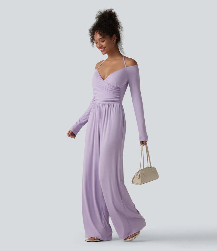 Ribbed Halter Tie Back Off Shoulder Built-in Bra Long Sleeve Casual Jumpsuit with Pockets