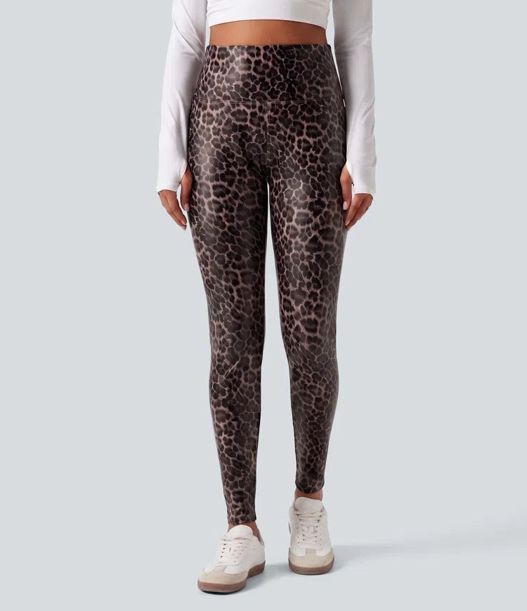 High Waisted Tummy Control Stretchy PU Leopard Print Skinny Casual Leggings with Pockets