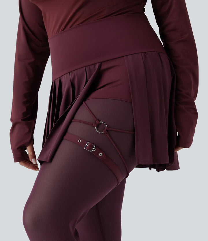 Breezeful High Waisted Pleated 2-in-1 Contrast Mesh Quick Dry Dance Plus Size Stirrup Skirted Leggings with Pockets