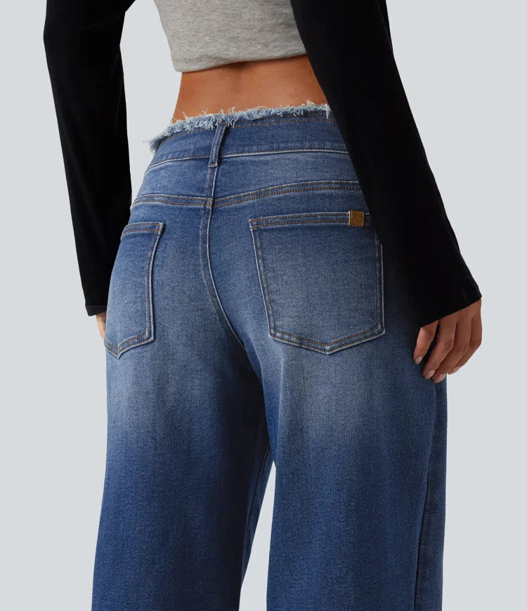 Low Rise Raw Hem Wide Leg Casual Jeans with Pockets