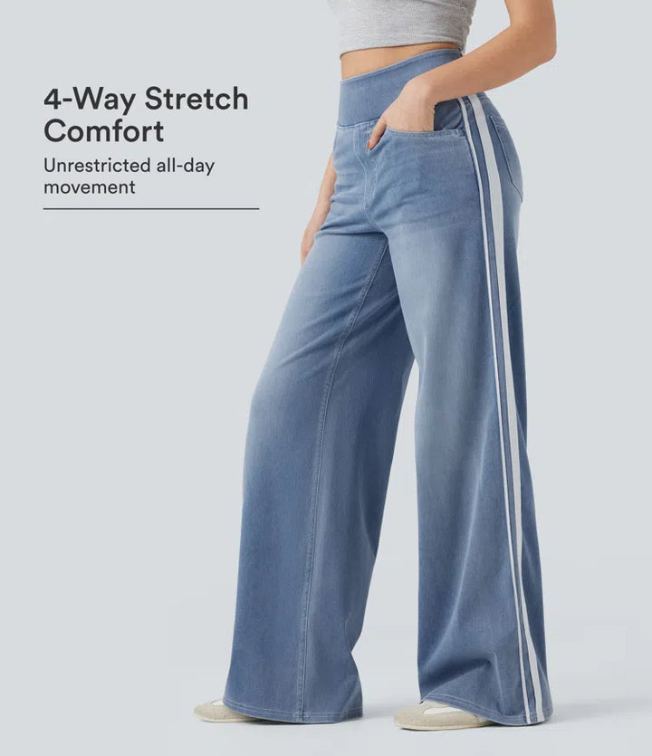 Halara Flex High Waisted Stripe Wide Leg Flowy Washed Casual Jeans with Pockets