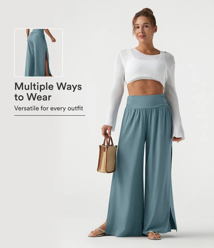 Breezeful High Waisted Ruched Split Quick Dry Resort Flowy Pants with Pockets