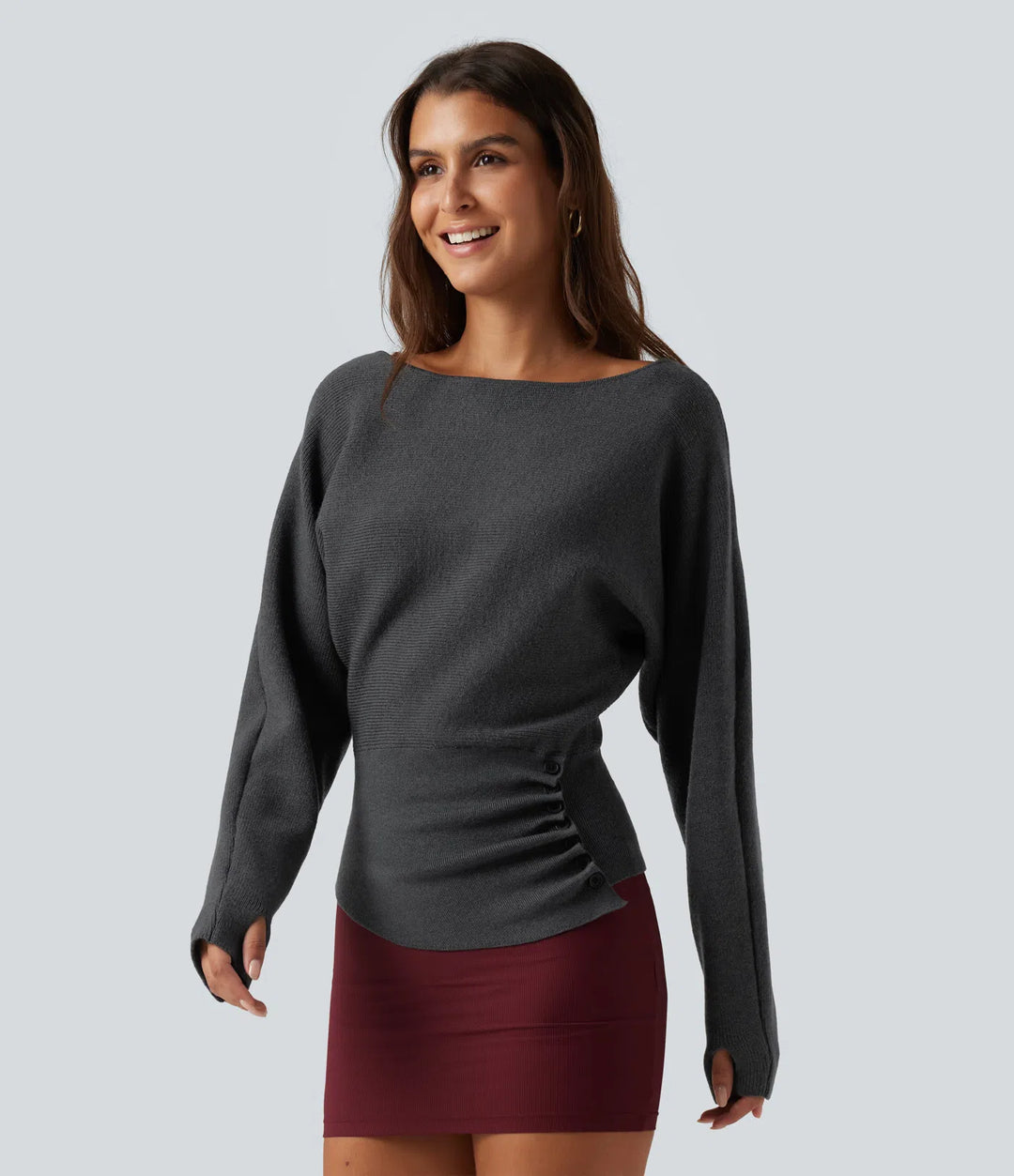 Boat Neck Batwing Long Sleeve Thumb Hole Work Sweater
