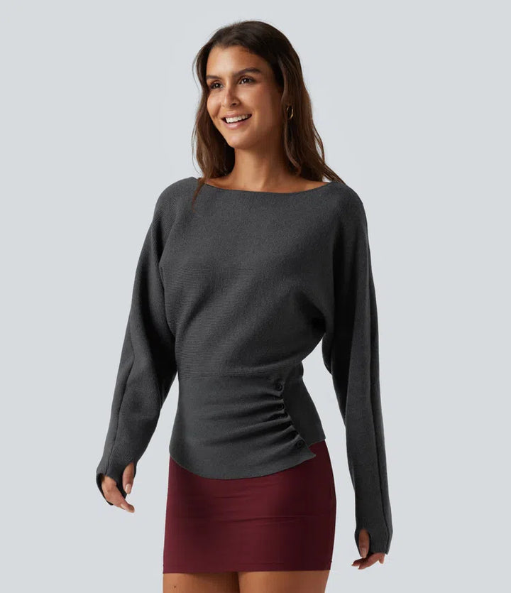 Boat Neck Batwing Long Sleeve Thumb Hole Work Sweater