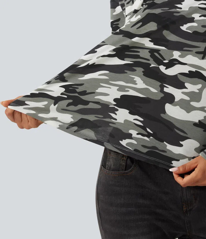 One Shoulder Long Sleeve Camo Casual Top