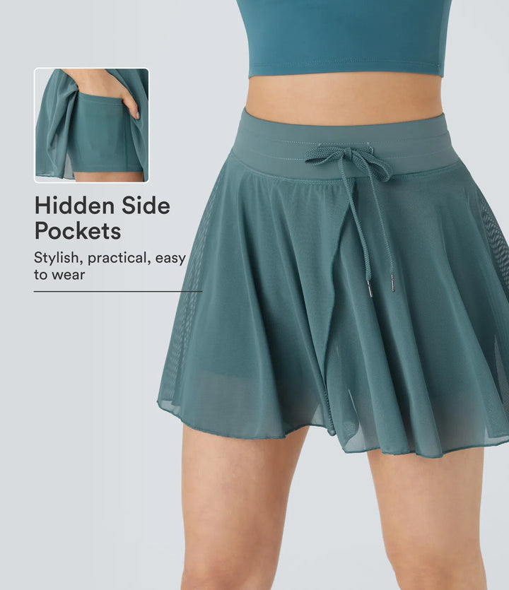 High Waisted Drawstring Contrast Mesh 2-in-1 Pocket Flowy Mini Flare Casual Skirt