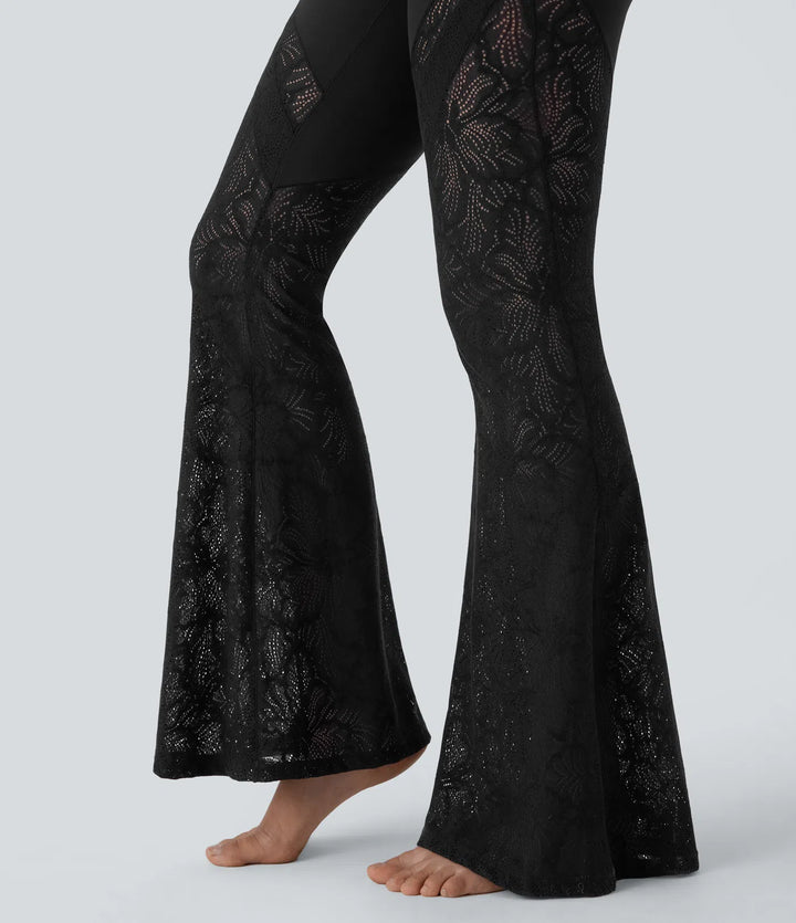SoftlyZero High Waisted Crossover Pocket Contrast Lace Flare Yoga Leggings