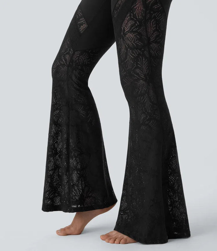 SoftlyZero High Waisted Crossover Pocket Contrast Lace Flare Yoga Leggings
