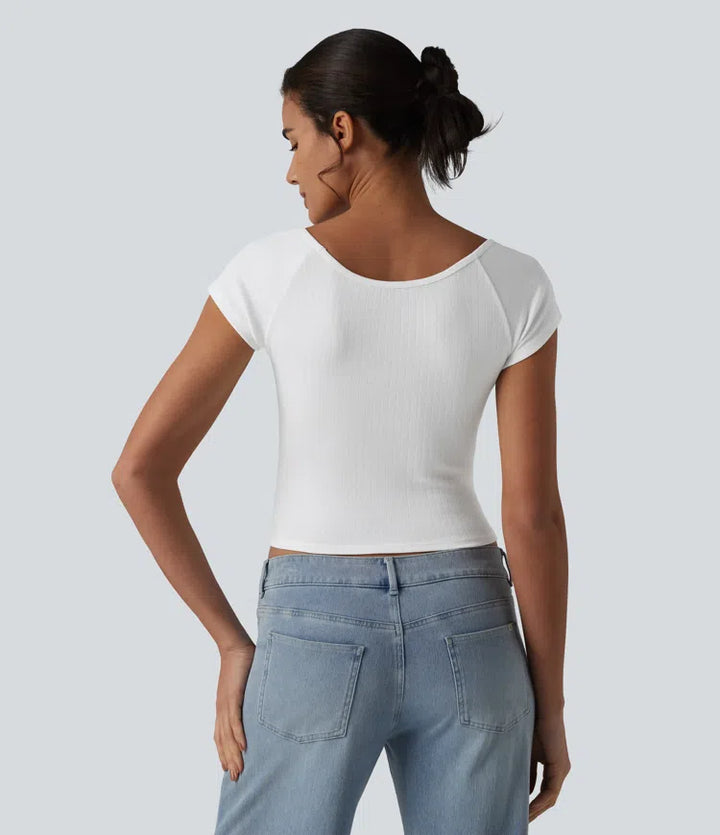 V Neck Short Sleeve Ruched Casual T-Shirt