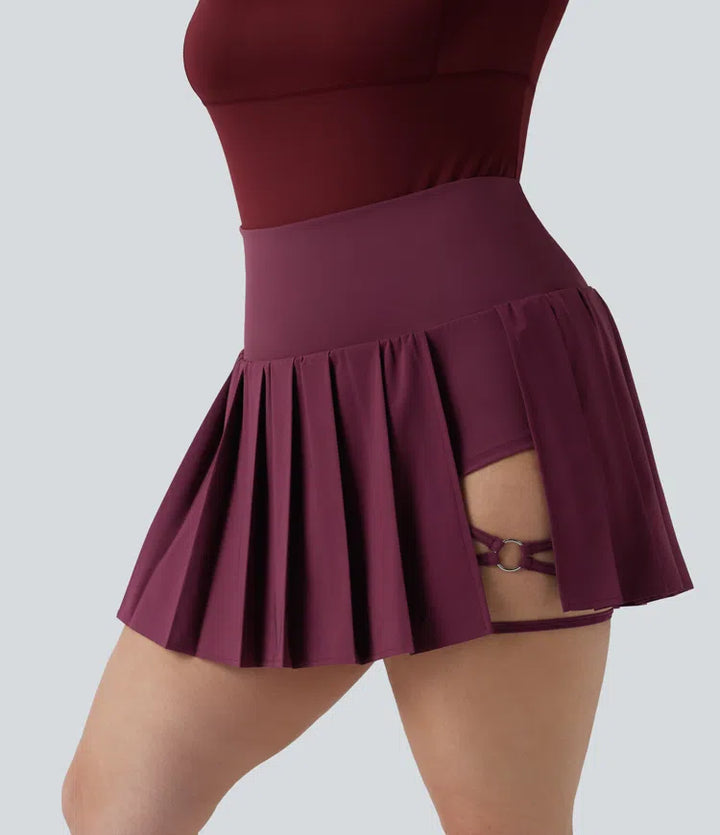 Plus Size Breezeful High Waisted Pleated 2-in-1 Asymmetric Hem Quick Dry Mini Yoga Skirt with Pockets