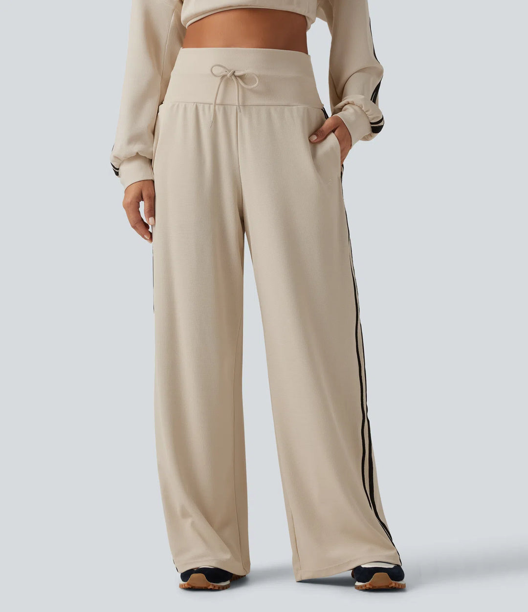 High Waisted Drawstring Wide Leg Side Stripe Waffle Casual Pants with Pockets