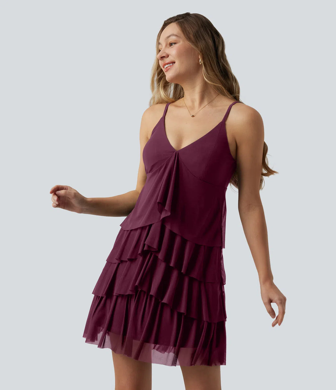 Crisscross Backless Mesh Overlay Built-in Bra Mini Casual Tiered Slip Dress with Pockets