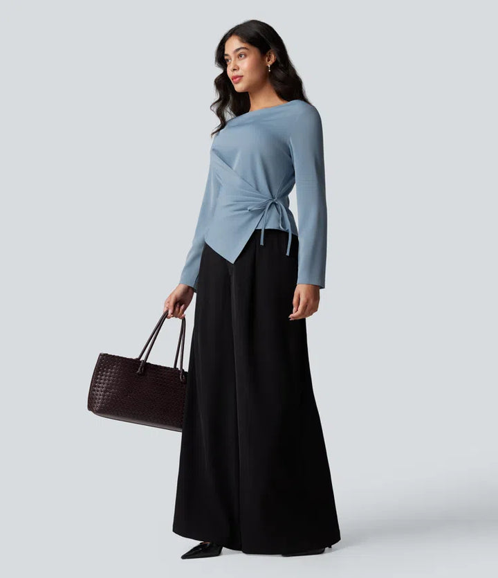 Wrinkle Recovery Boat Neck Long Sleeve Ruched Tie Work Blouse