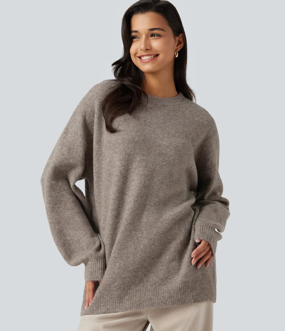 Round Neck Dropped Long Sleeve Work Wool-Blend Sweater