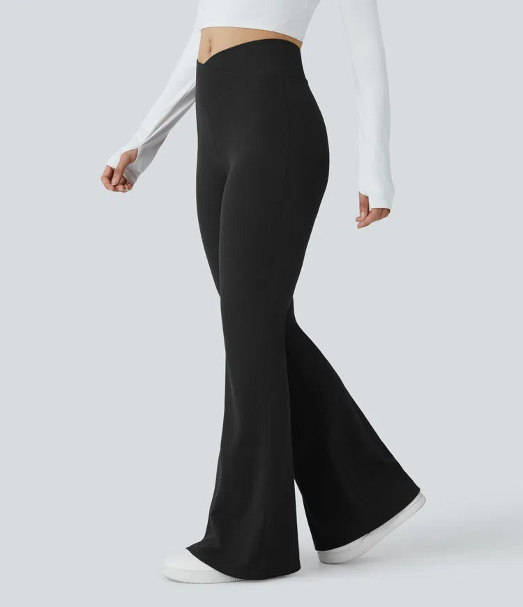 Crossover High Waisted Pocket Waffle Casual Flare Pants