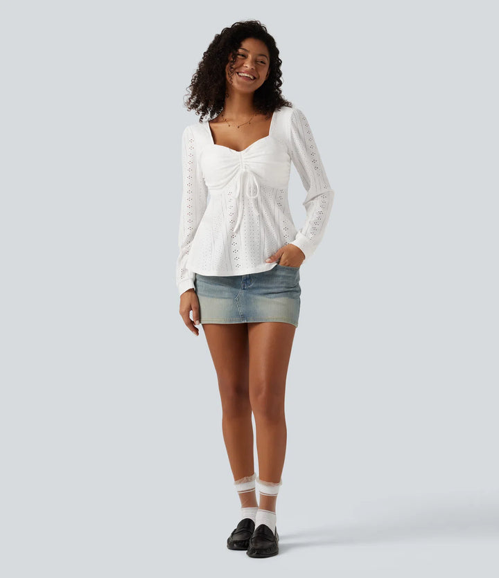 Sweetheart Neck Long Sleeve Lace Up Built-in Bra Eyelet Casual Top