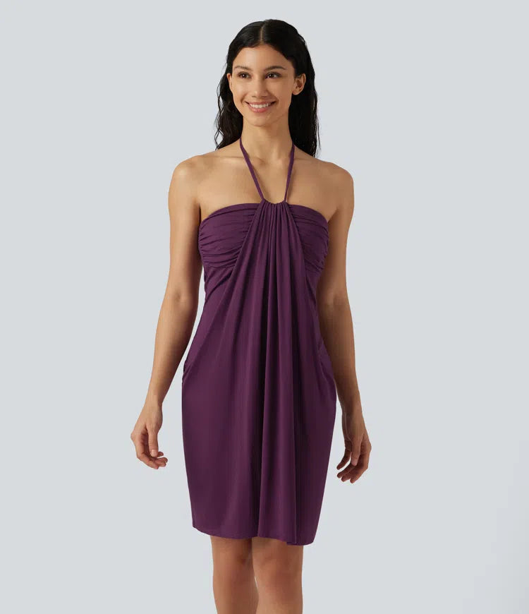 Halter Tie Back Built-in Bra Mini Resort Dress with Pockets
