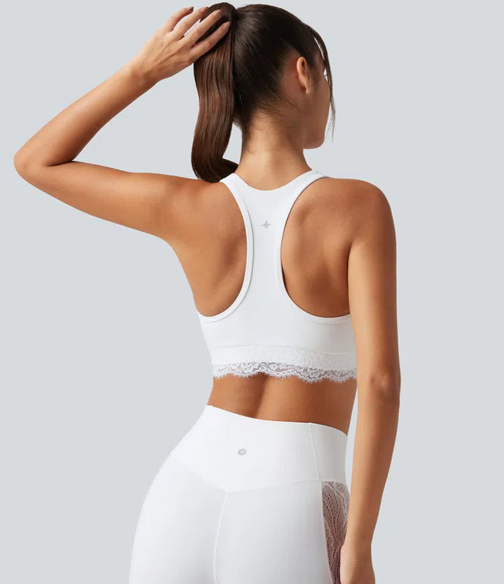 Halara UltraSculpt Low Support V Neck Built-in Bra Racerback Contrast Lace Workout Sports Bra