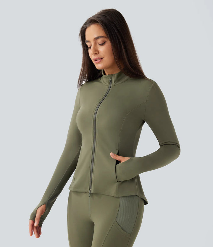 SoftlyZero Stand Collar Thumb Hole Pockets Pleated Zipper Slim Jacket