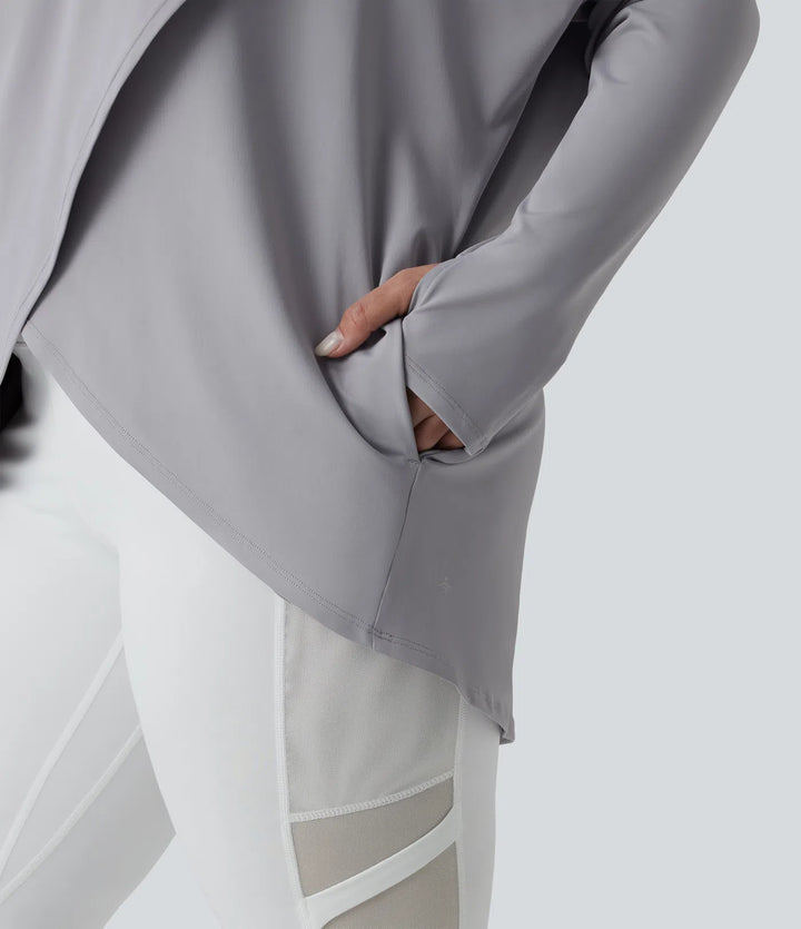 Plus Size Hooded Cowl Neck Long Sleeve Thumb Hole Yoga Sports Top with Pockets