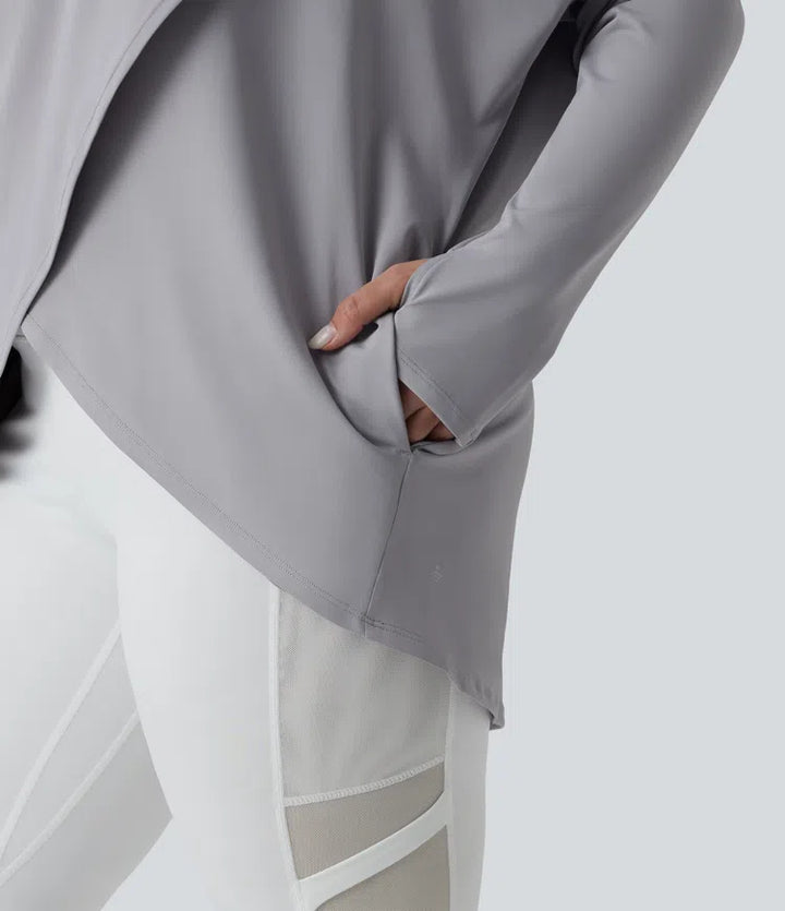 Plus Size Hooded Cowl Neck Long Sleeve Thumb Hole Yoga Sports Top with Pockets