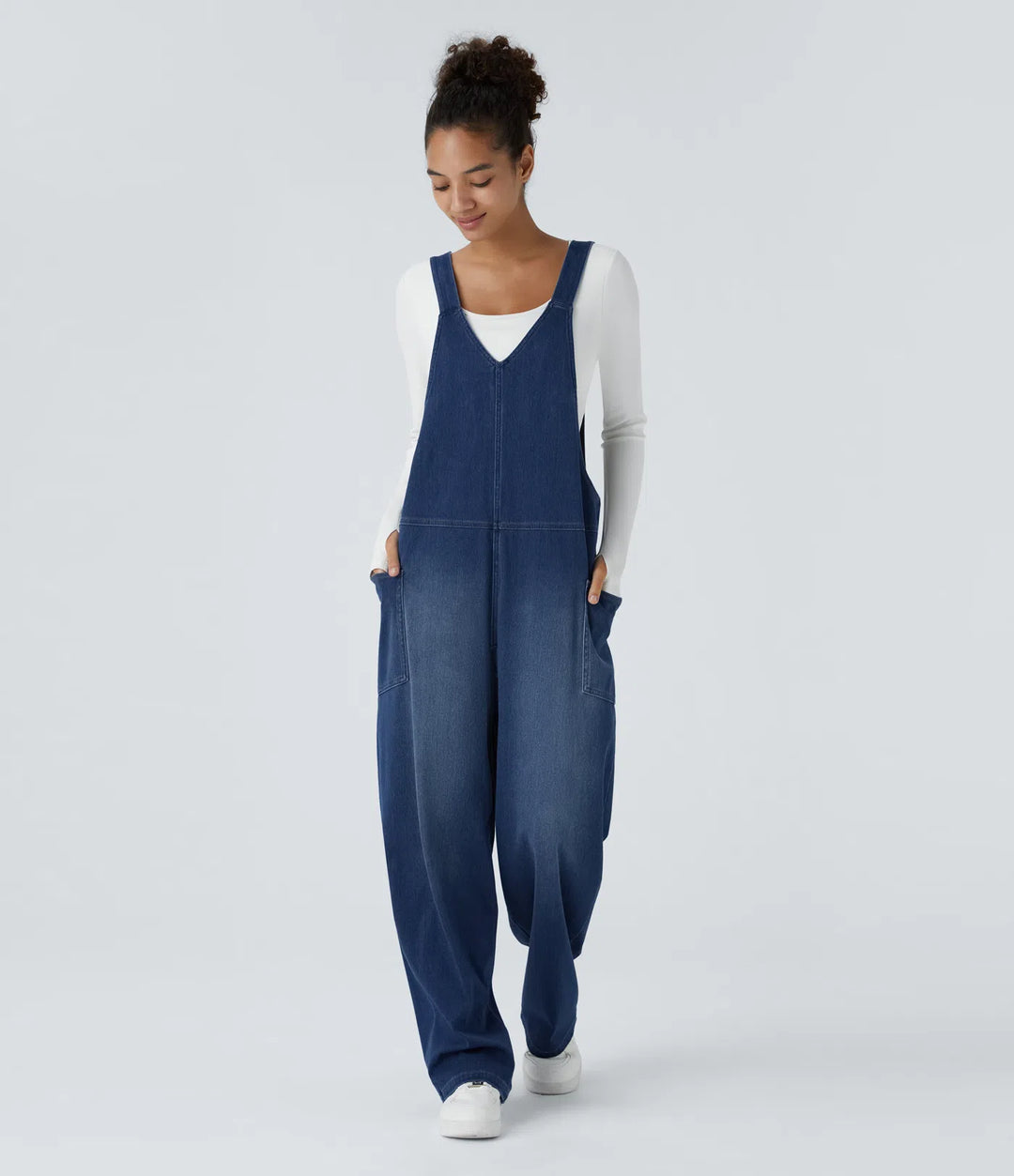 Halara Flex V Neck Pocket Washed Denim Casual Overalls
