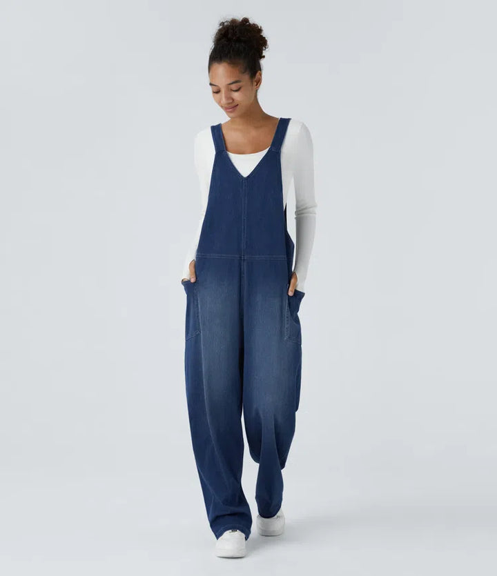 Halara Flex V Neck Pocket Washed Denim Casual Overalls
