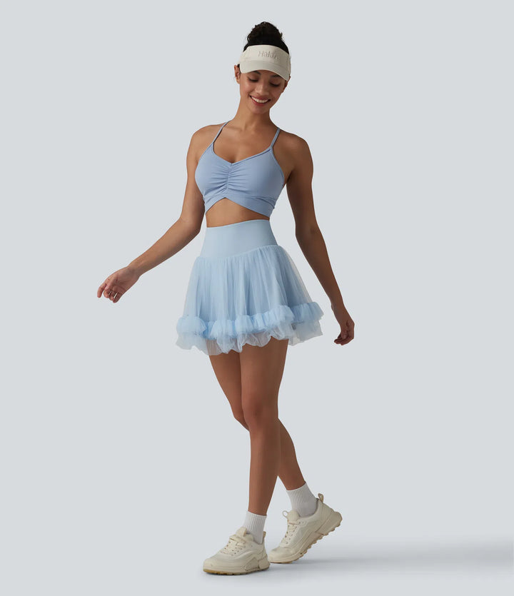 High Waisted Tummy Control Contrast Mesh 2-in-1 Mini Workout Skirt with Pockets