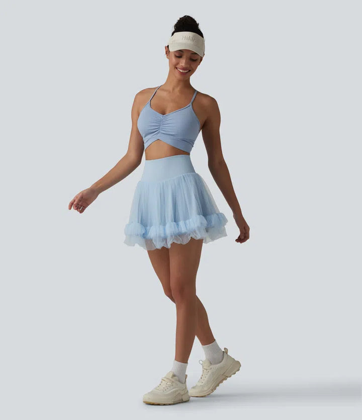 High Waisted Tummy Control Contrast Mesh 2-in-1 Mini Workout Skirt with Pockets