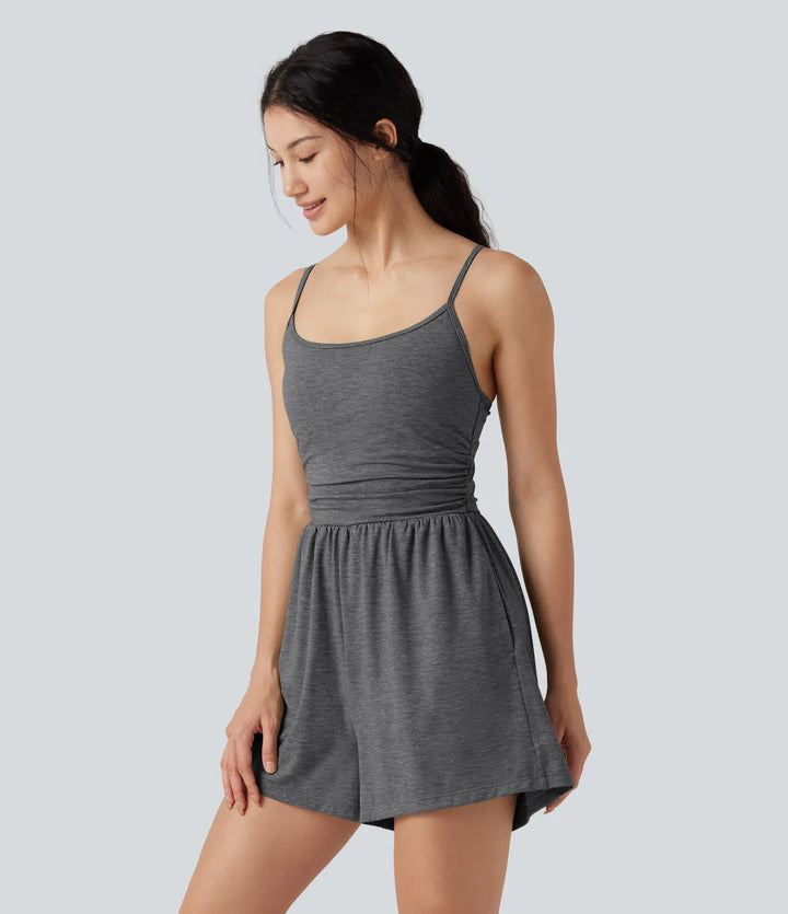 Built-in Bra Ruched 2-in-1 Heathered Casual Romper with Pockets-Easy Peezy Edition