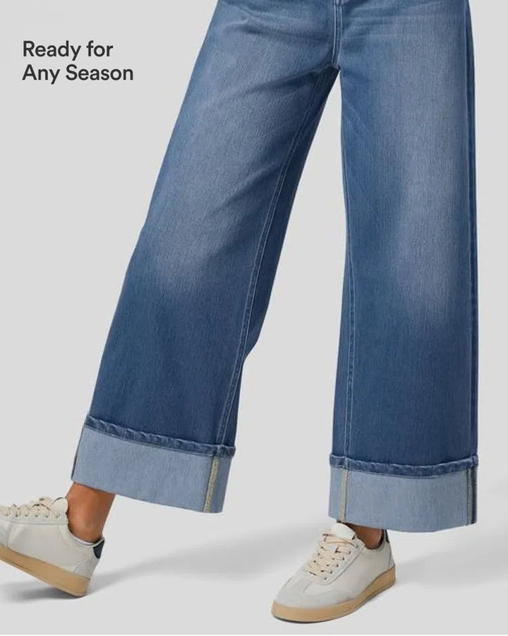 Halara Flex High Waisted Pockets Rolled Hem Wide Leg Washed Casual Jeans