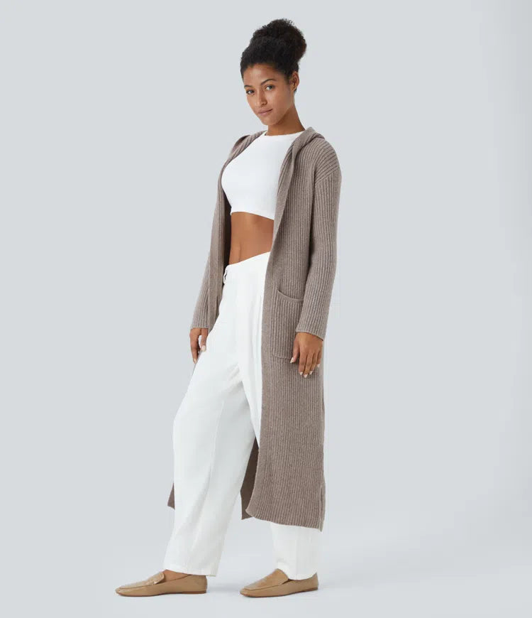 Hooded Long Sleeve Pocket Longline Casual Cardigan