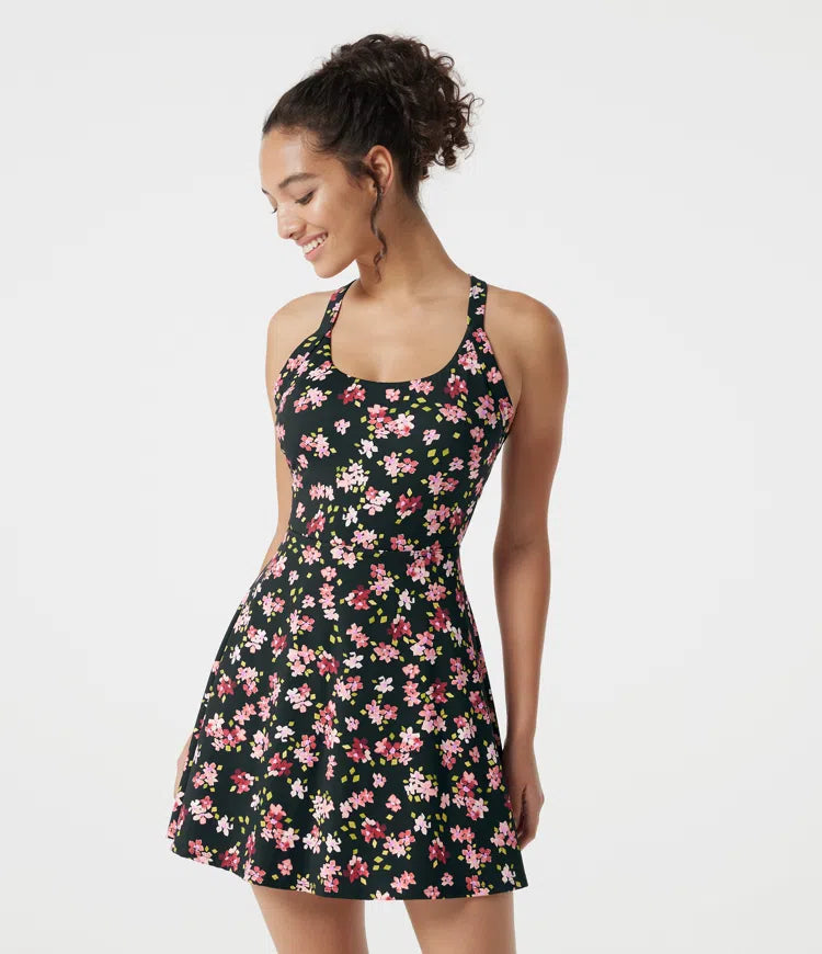 Built-in Bra 2-in-1 Ditsy Floral Mini Dance Active Dress with Pockets-Easy Peezy Edition