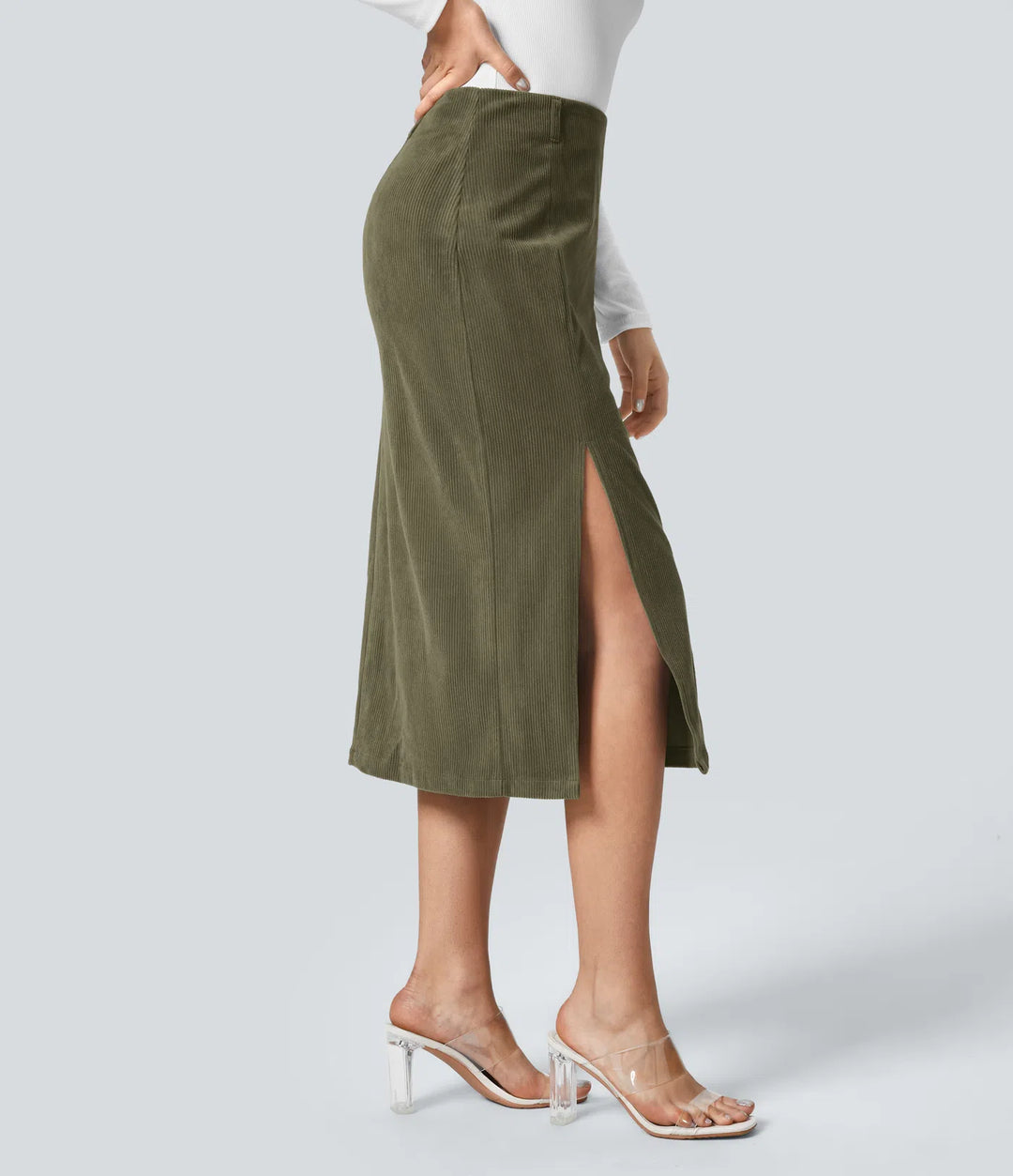 High Waisted Hem Midi Corduroy Casual Skirt