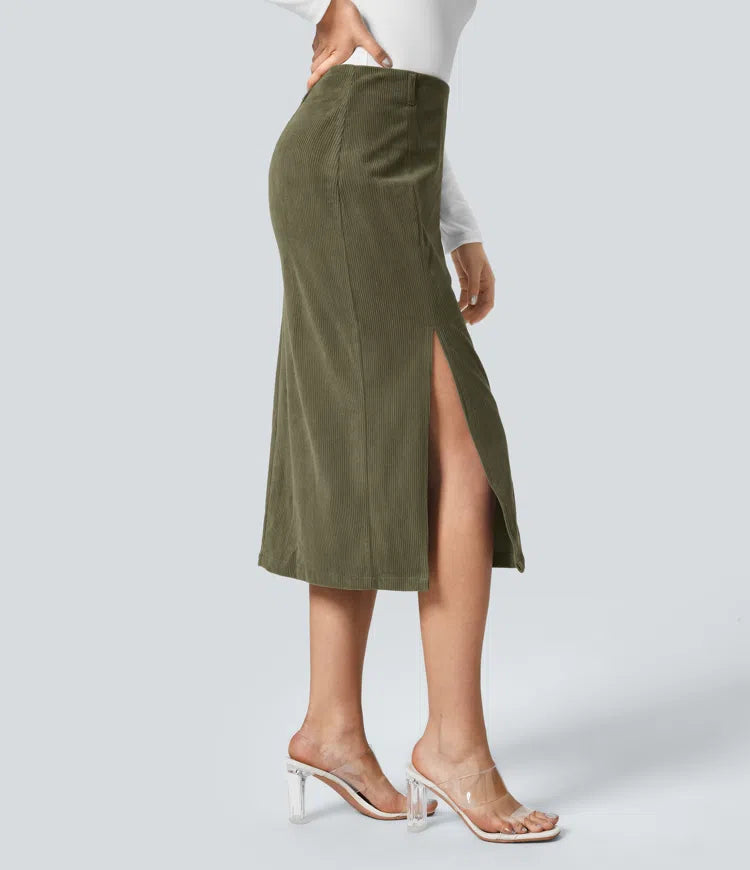 High Waisted Hem Midi Corduroy Casual Skirt