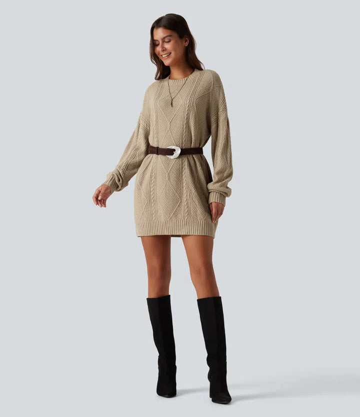 Round Neck Long Sleeve Cable Knit Mini Casual Sweater Dress